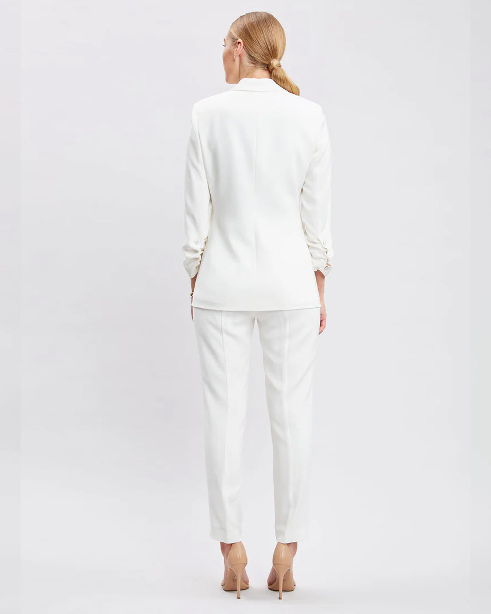 White single breasted blazer with ruched sleeves