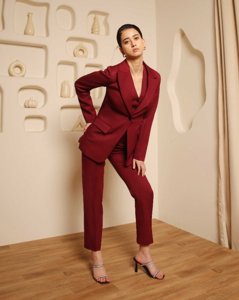 Triya Maroon Slim-Fit blazer set