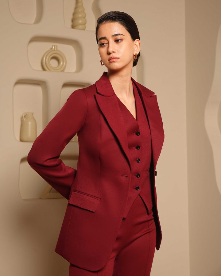 Triya Maroon Slim-Fit blazer set