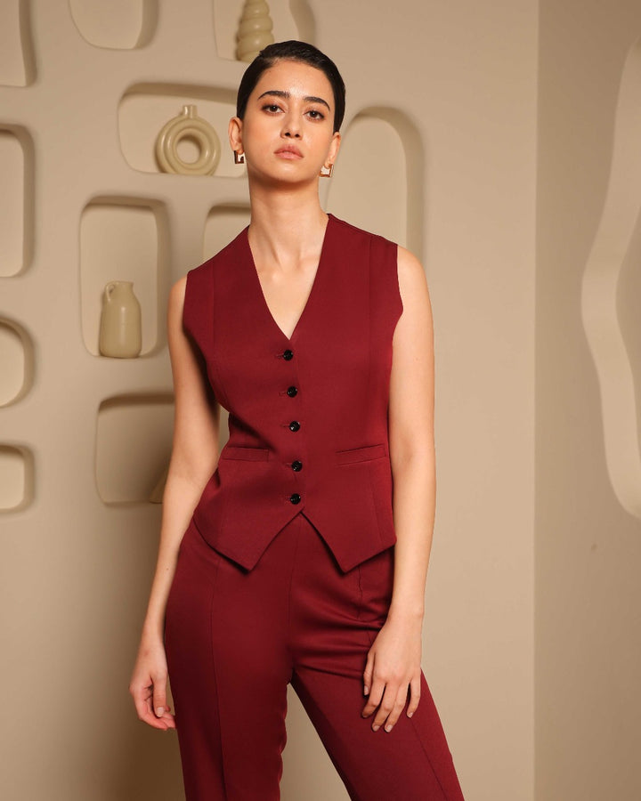 Triya Maroon Slim-Fit blazer set