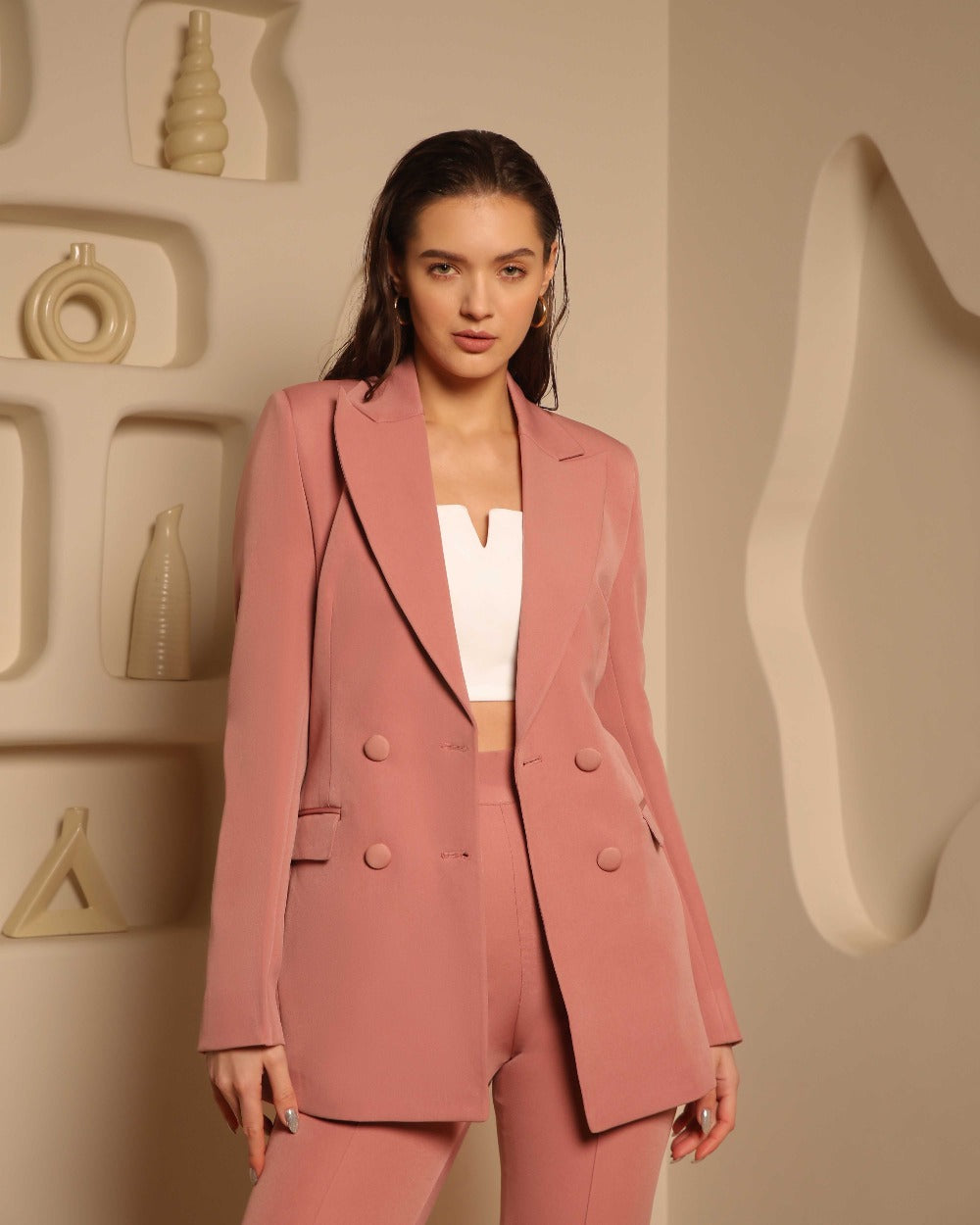Peach Double-Breasted Suit for Women – Formal Office Wear India