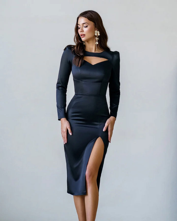 Hazel Black Satin Midi Dress