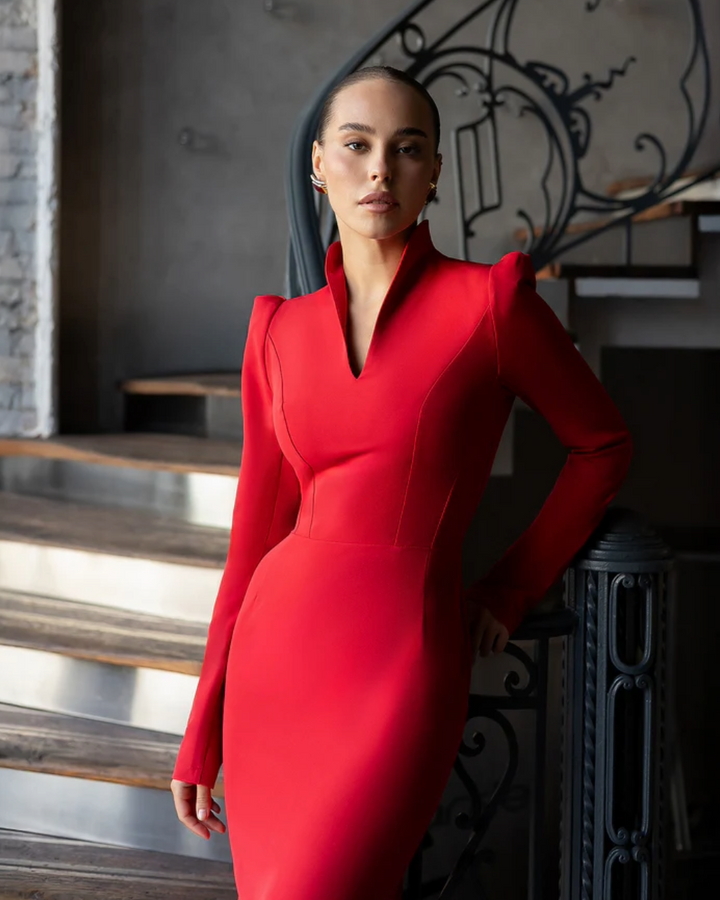 Paula Red V-Neck  Midi Dress