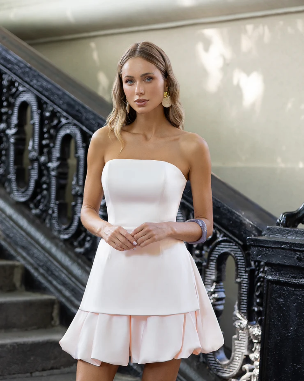 Olivia White Satin Strapless Top & Hem Skirt