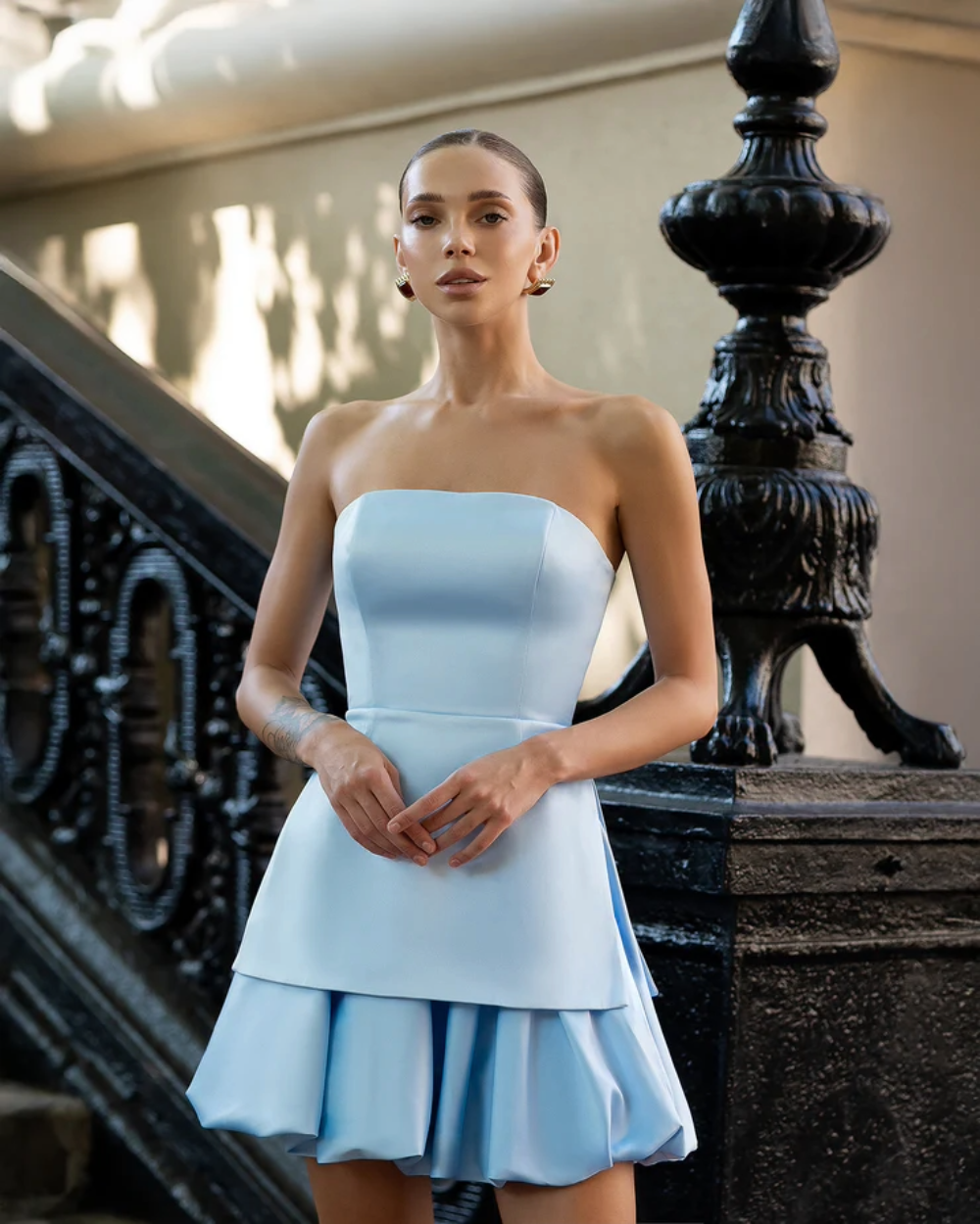 Olivia Sky-Blue Satin Strapless Top & Hem Skirt