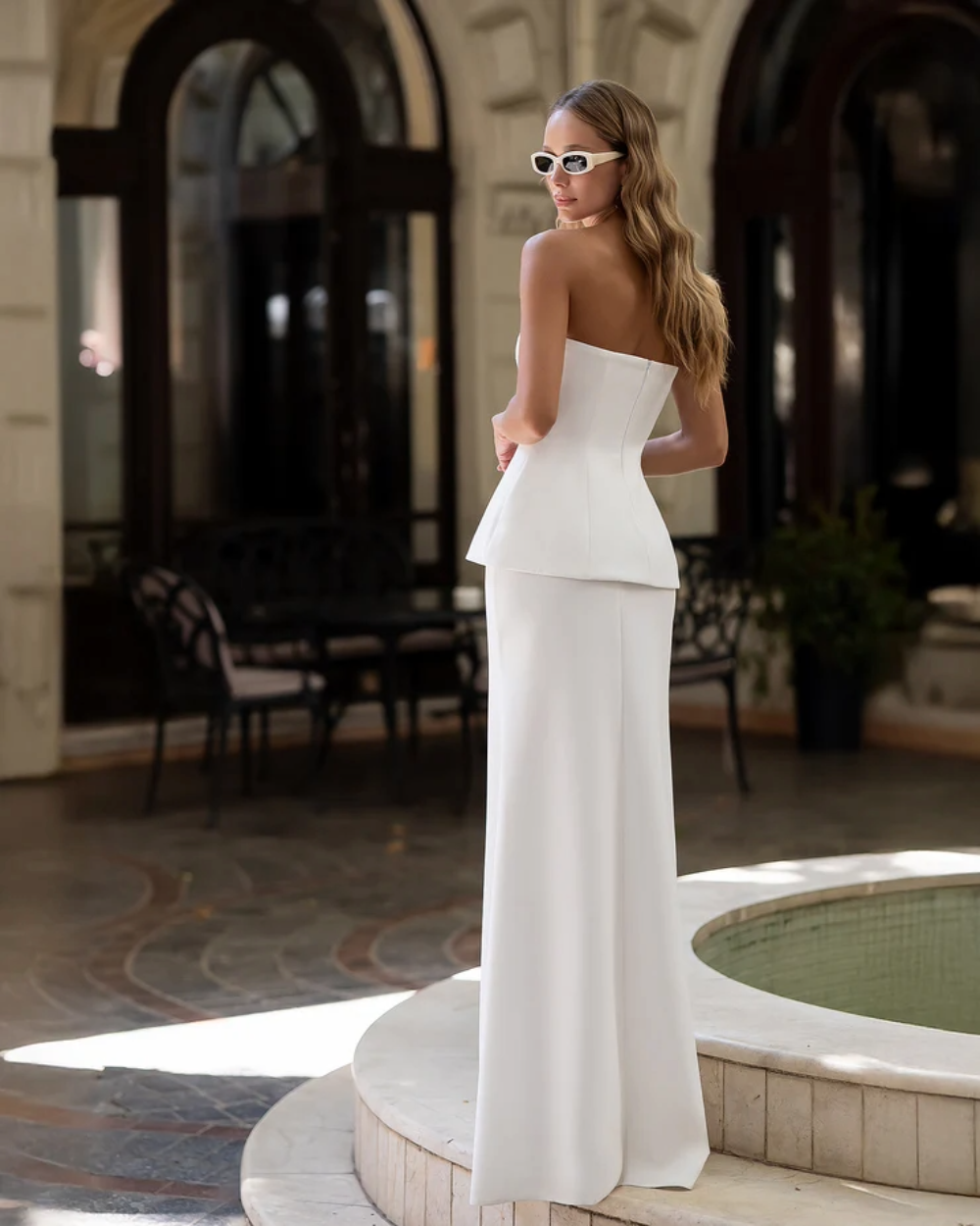 Sharon White Strapless Peplum Top & Maxi Skirt