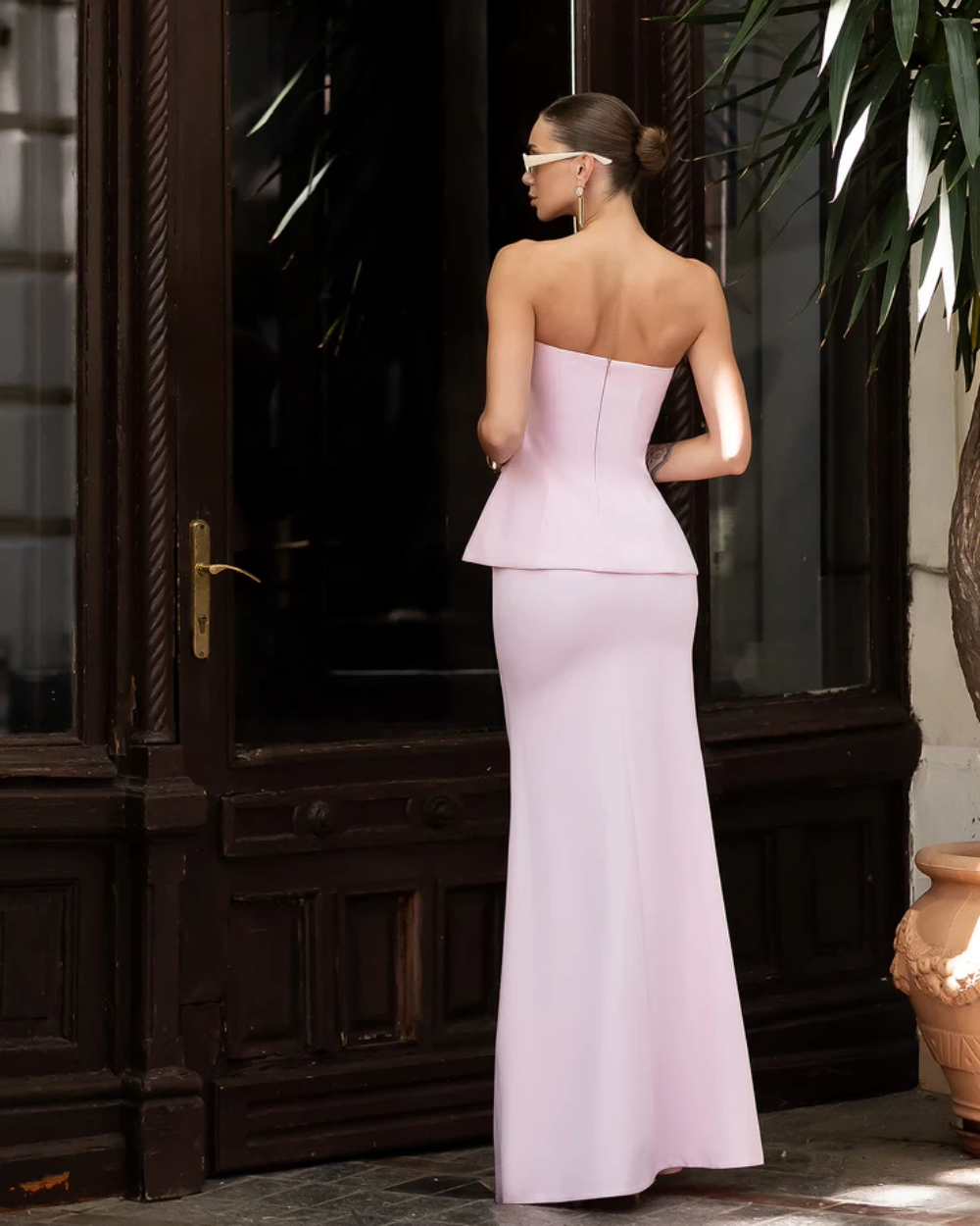 Sharon Pink Strapless Peplum Top & Maxi Skirt