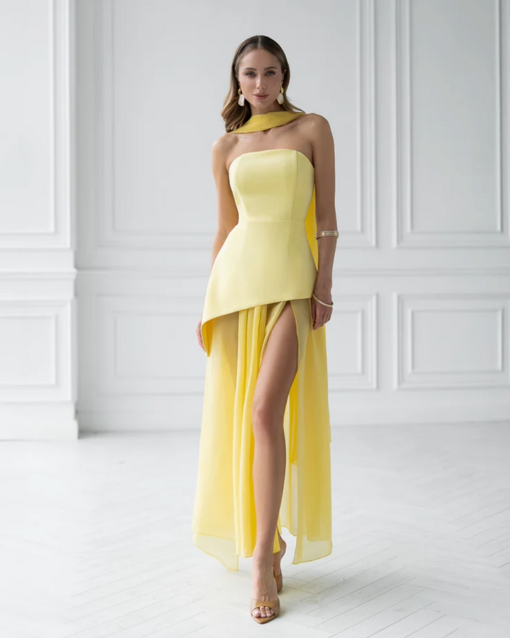 Isabel Yellow Strapless Maxi Dress with Back Scarf and Overskirt