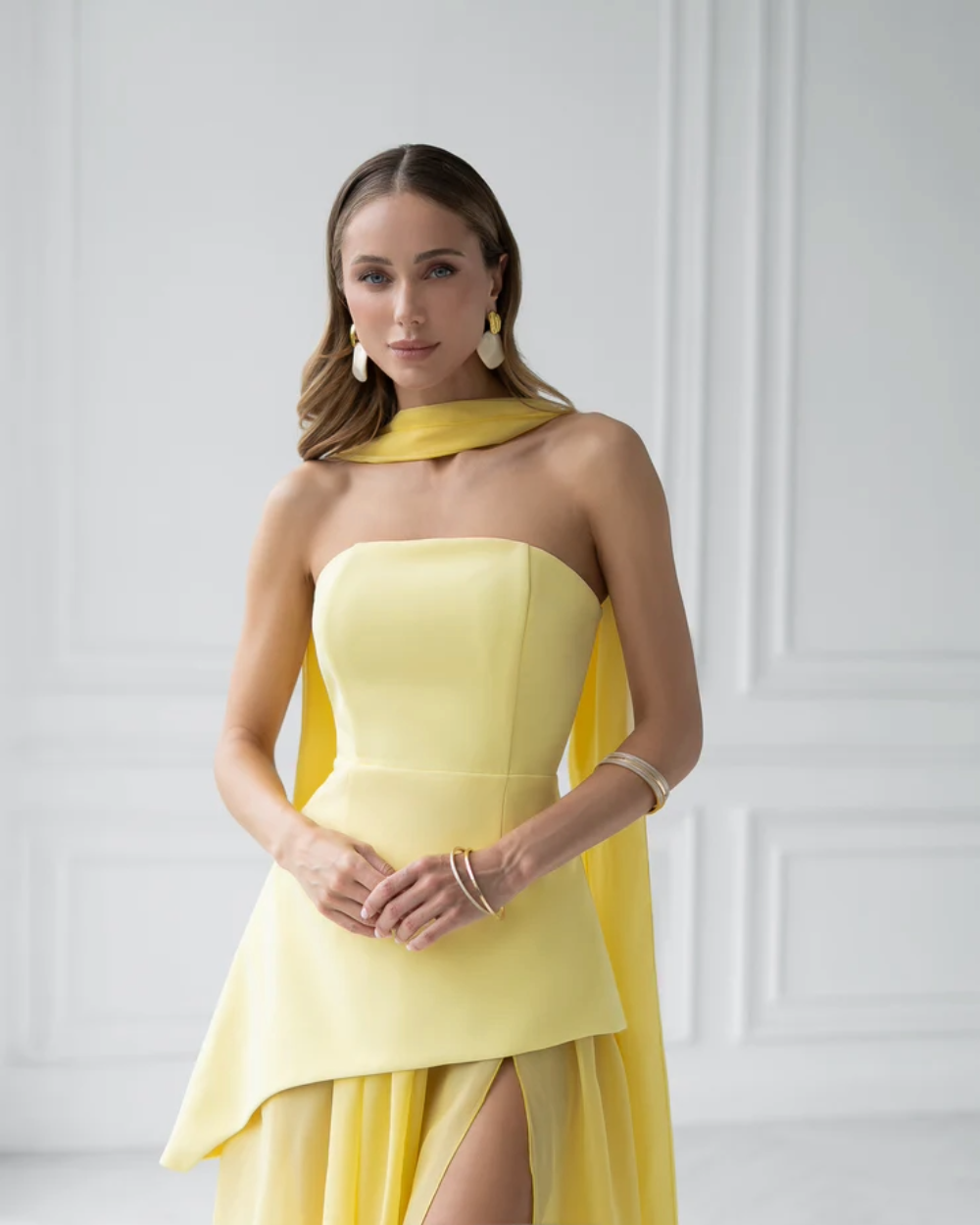 Isabel Yellow Strapless Maxi Dress with Back Scarf and Overskirt