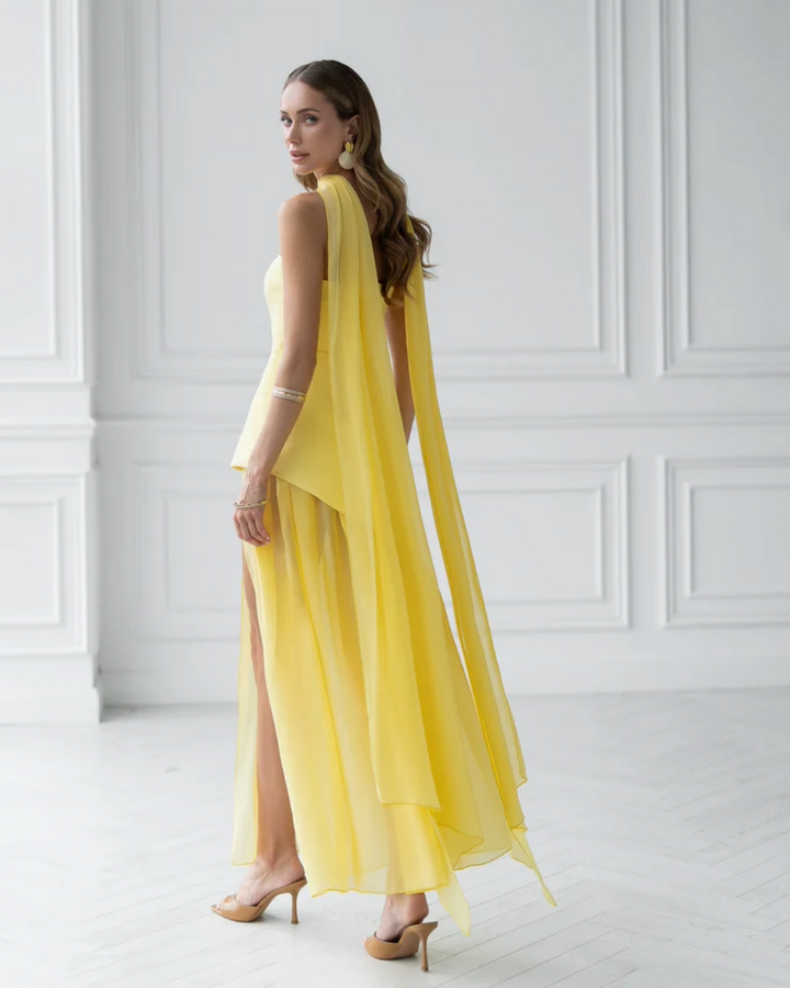 Isabel Yellow Strapless Maxi Dress with Back Scarf and Overskirt
