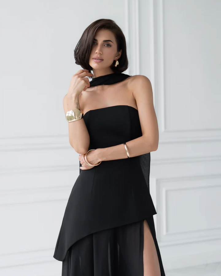 Isabel Black Strapless Maxi Dress with Back Scarf and Overskirt