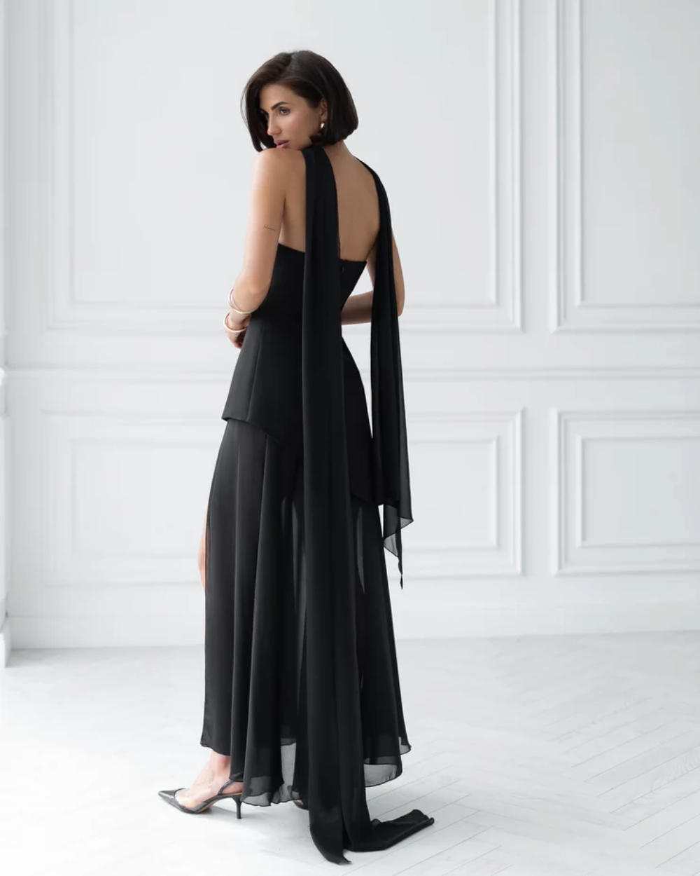 Isabel Black Strapless Maxi Dress with Back Scarf and Overskirt