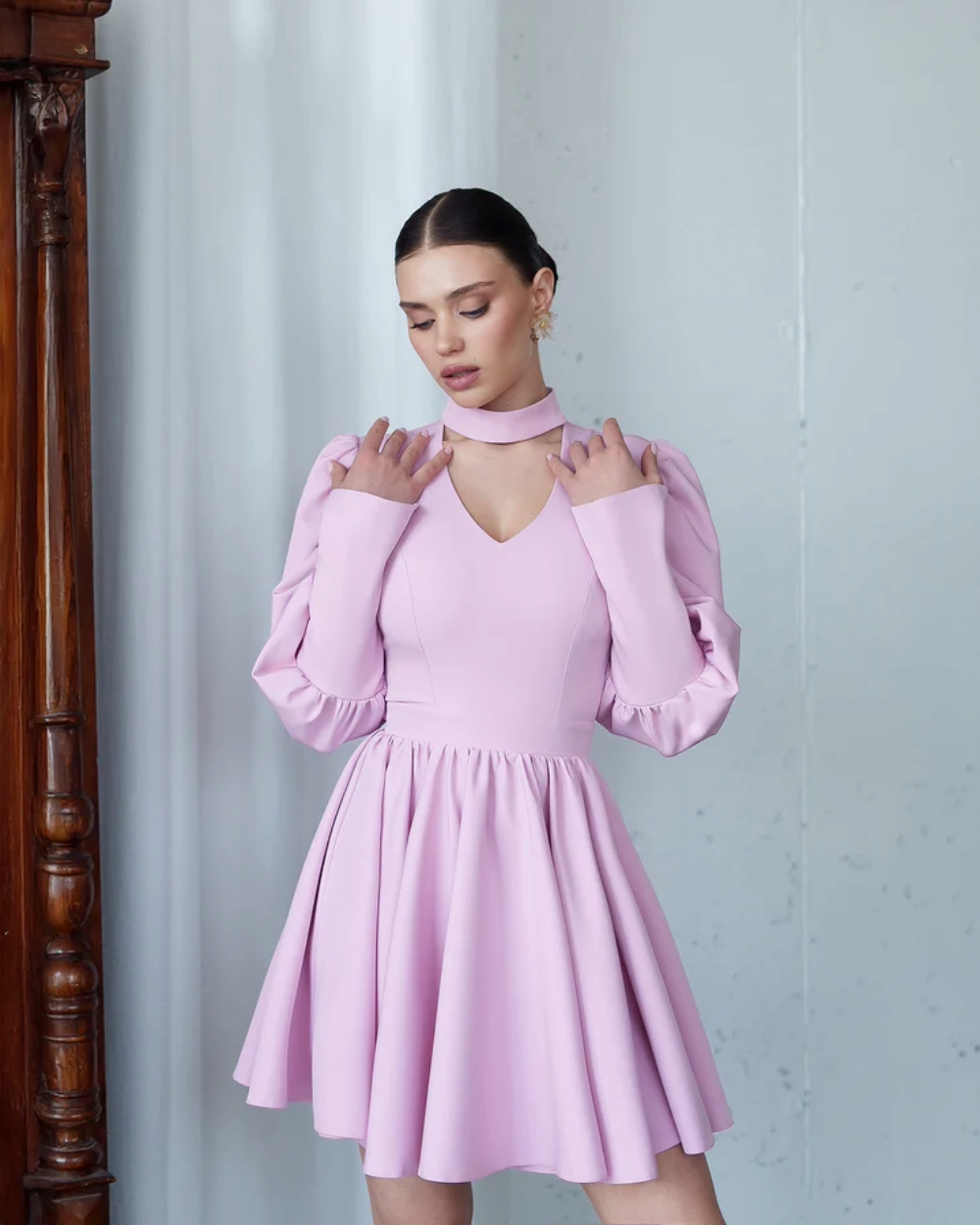 Amber Dusty Pink Choker-Neck Mini Dress