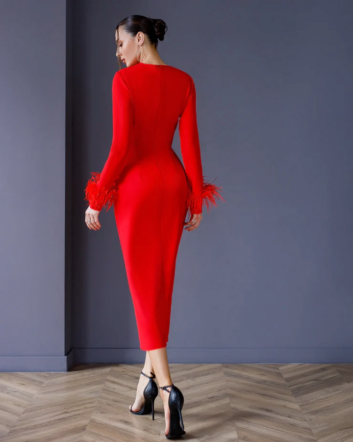 Casey Red Feather Sleeve Midi Dress