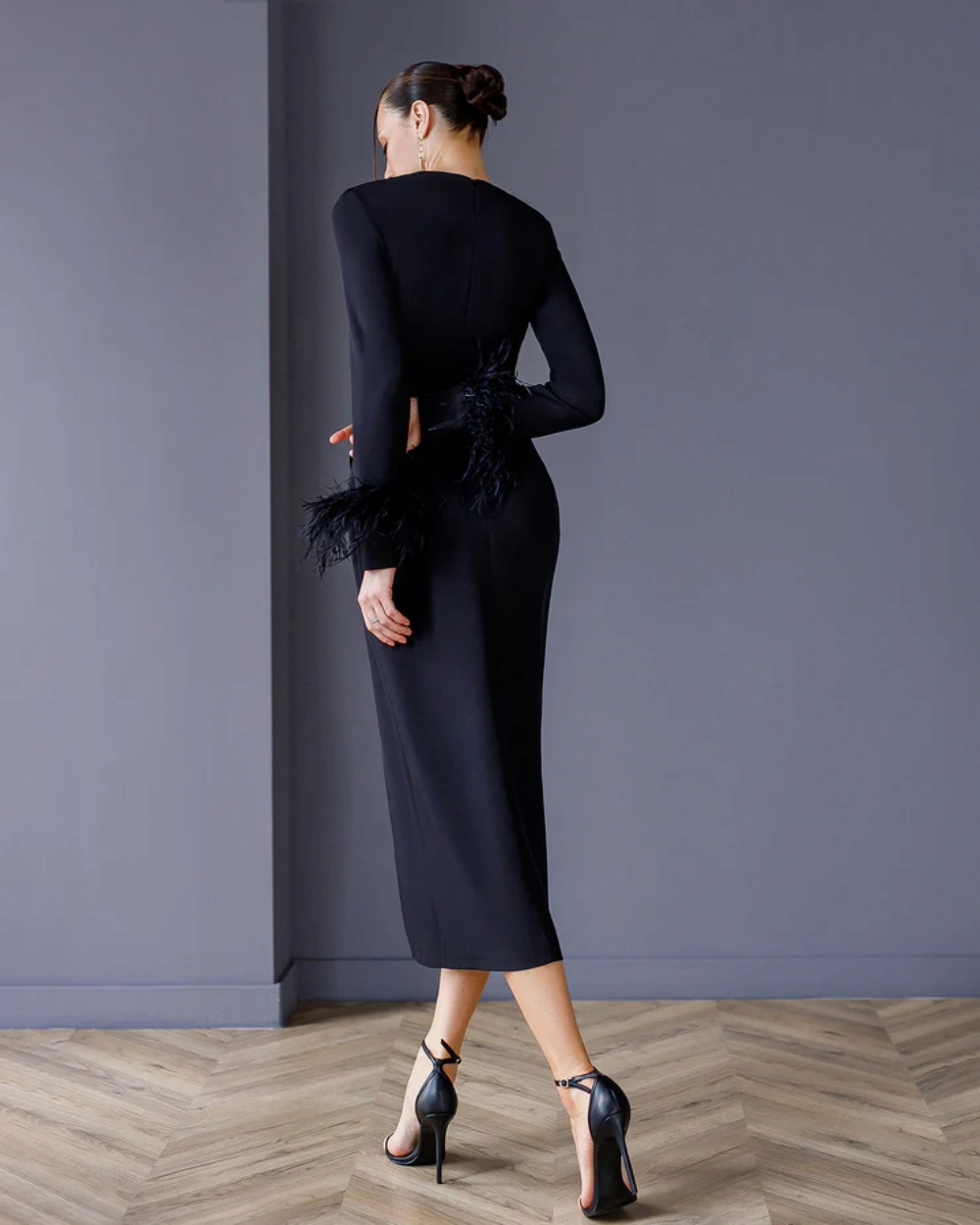 Casey Black Feather Sleeve Midi Dress