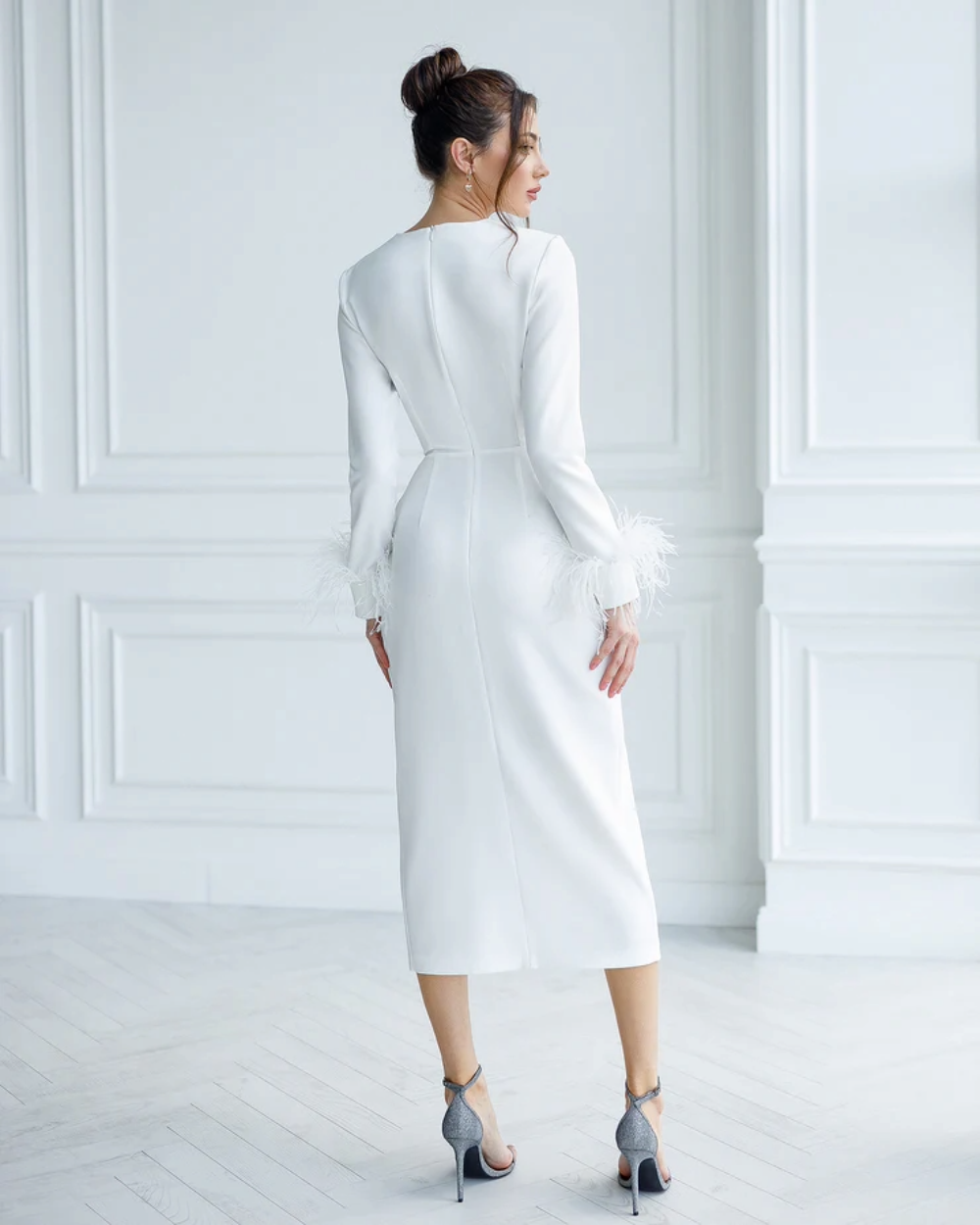 Casey White Feather Sleeve Midi Dress