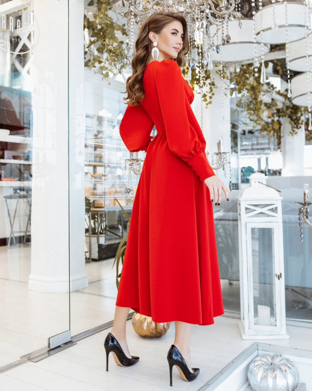 Emily Red V-neck Buttoned  Midi Dress