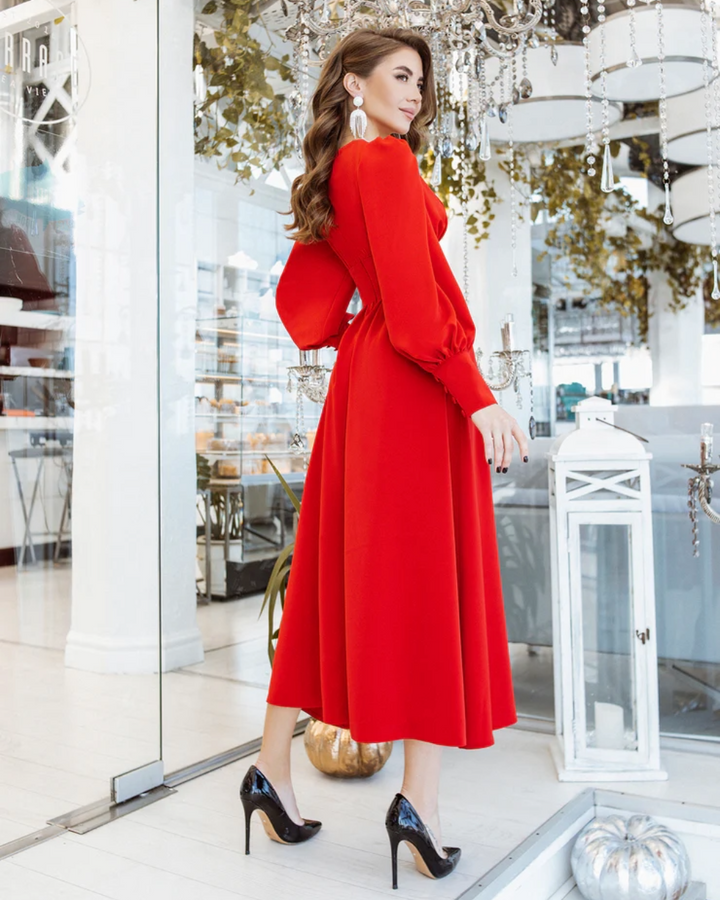 Emily Red V-neck Buttoned  Midi Dress