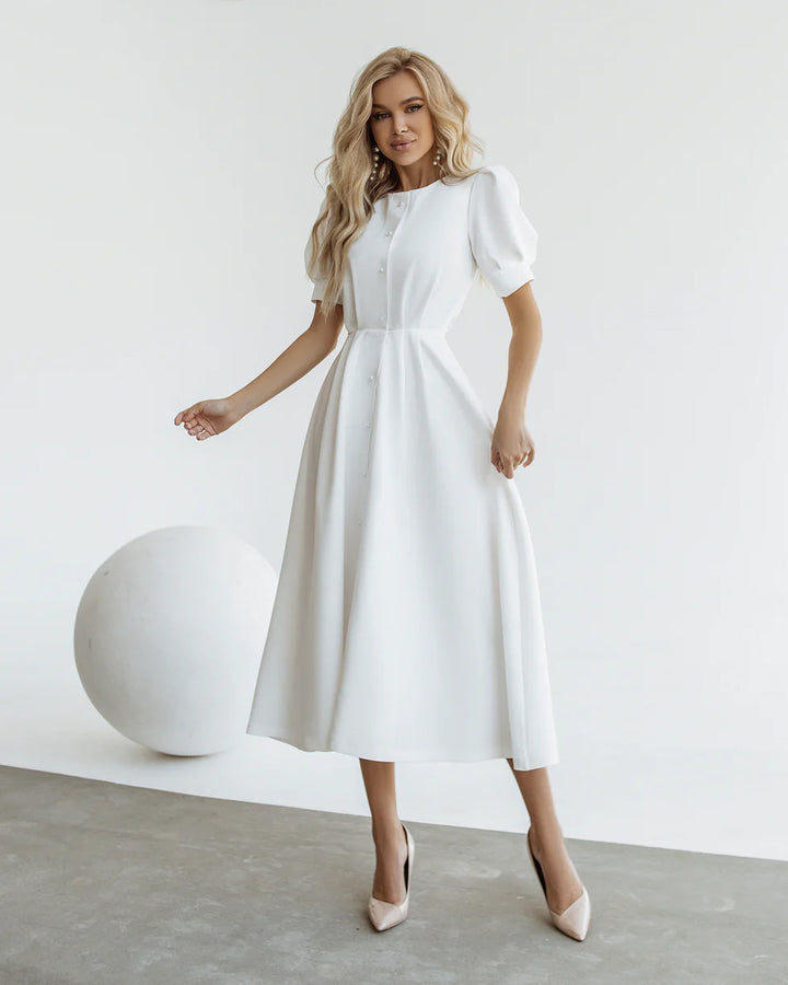 White Buttoned Puff-Sleeve Midi Dress