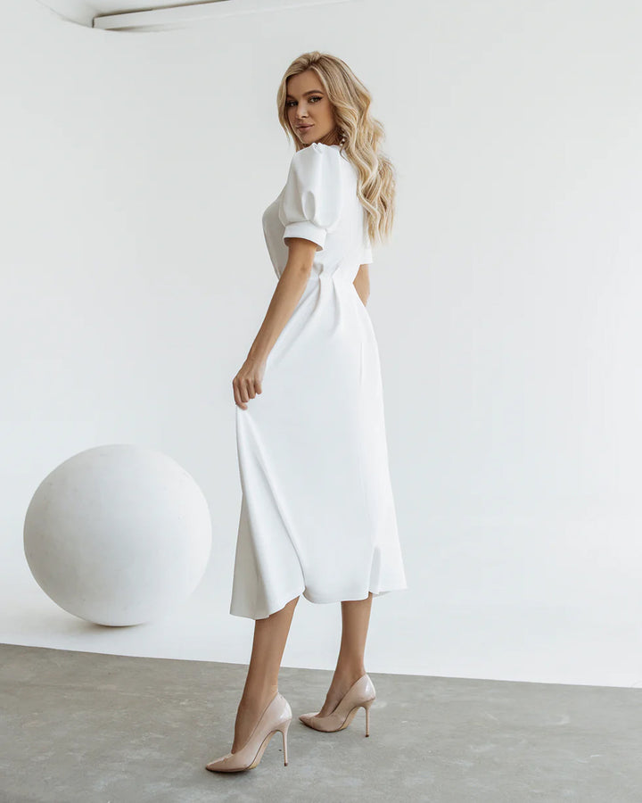 White Buttoned Puff-Sleeve Midi Dress