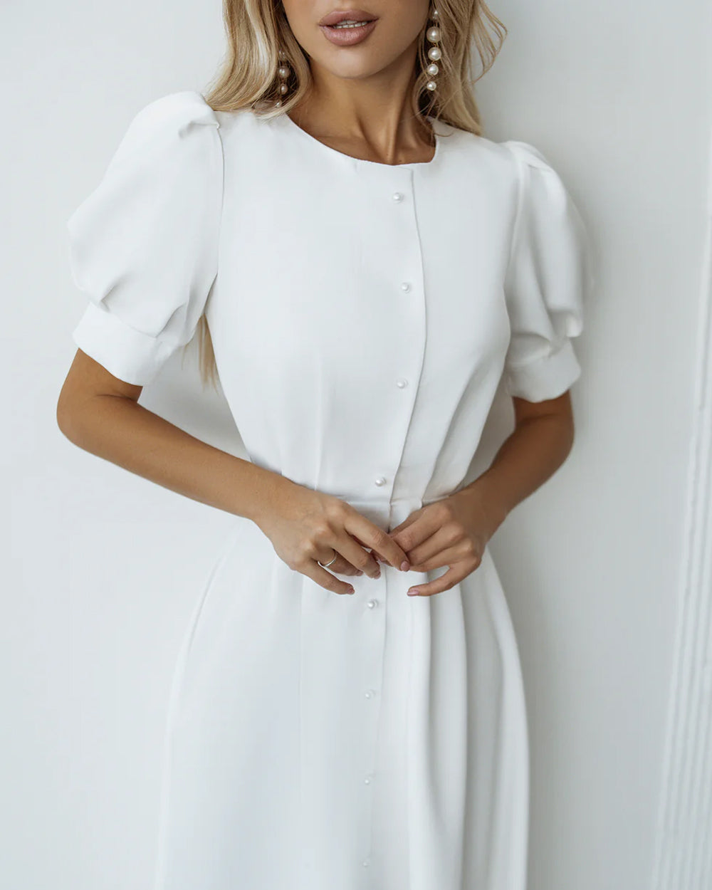 White Buttoned Puff-Sleeve Midi Dress