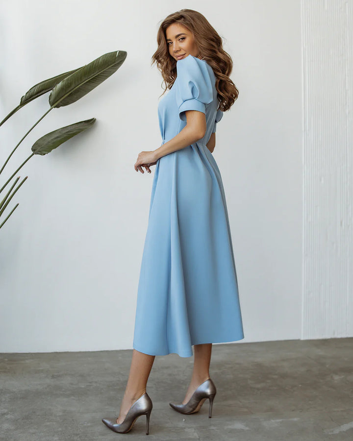 Sky Blue Buttoned Puff-Sleeve Midi Dress