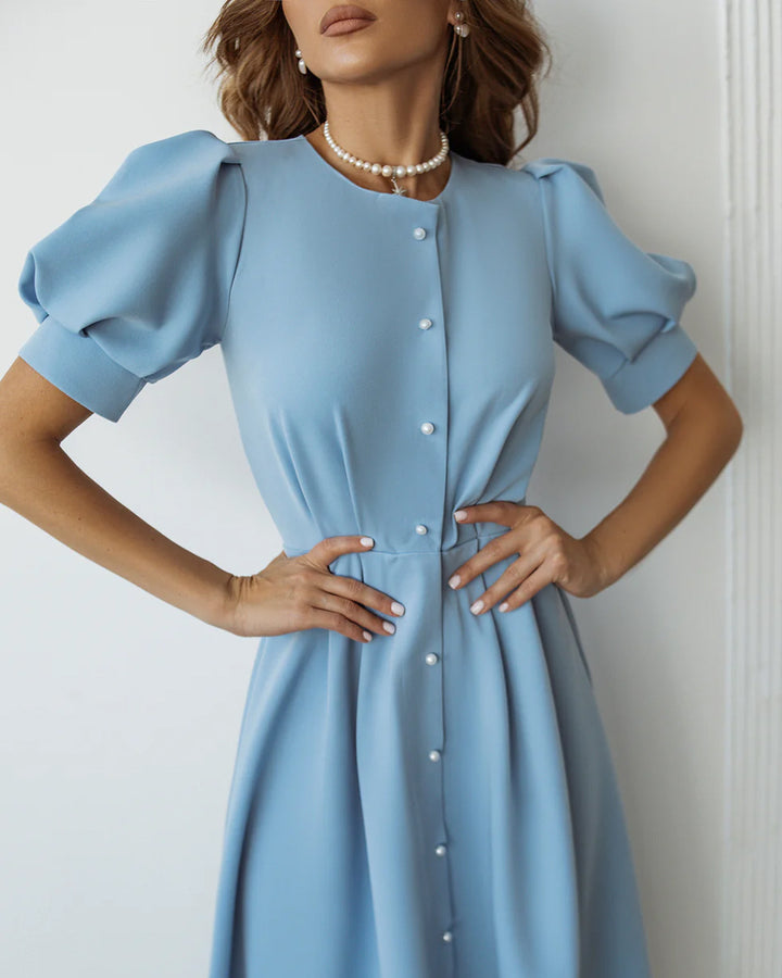 Sky Blue Buttoned Puff-Sleeve Midi Dress