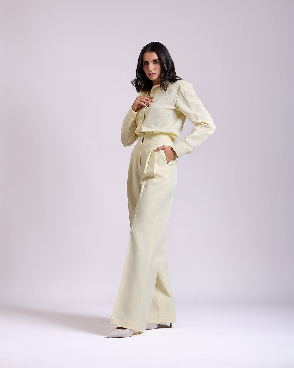 Linen - Yellow Pleated High-waisted Pants