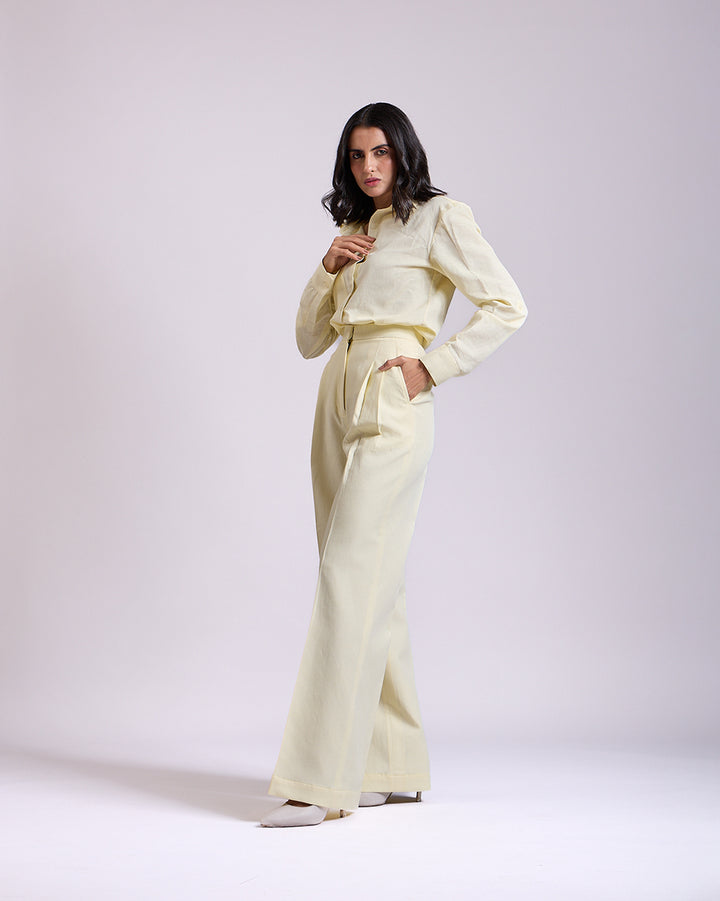 Linen - Yellow Pleated High-waisted Pants