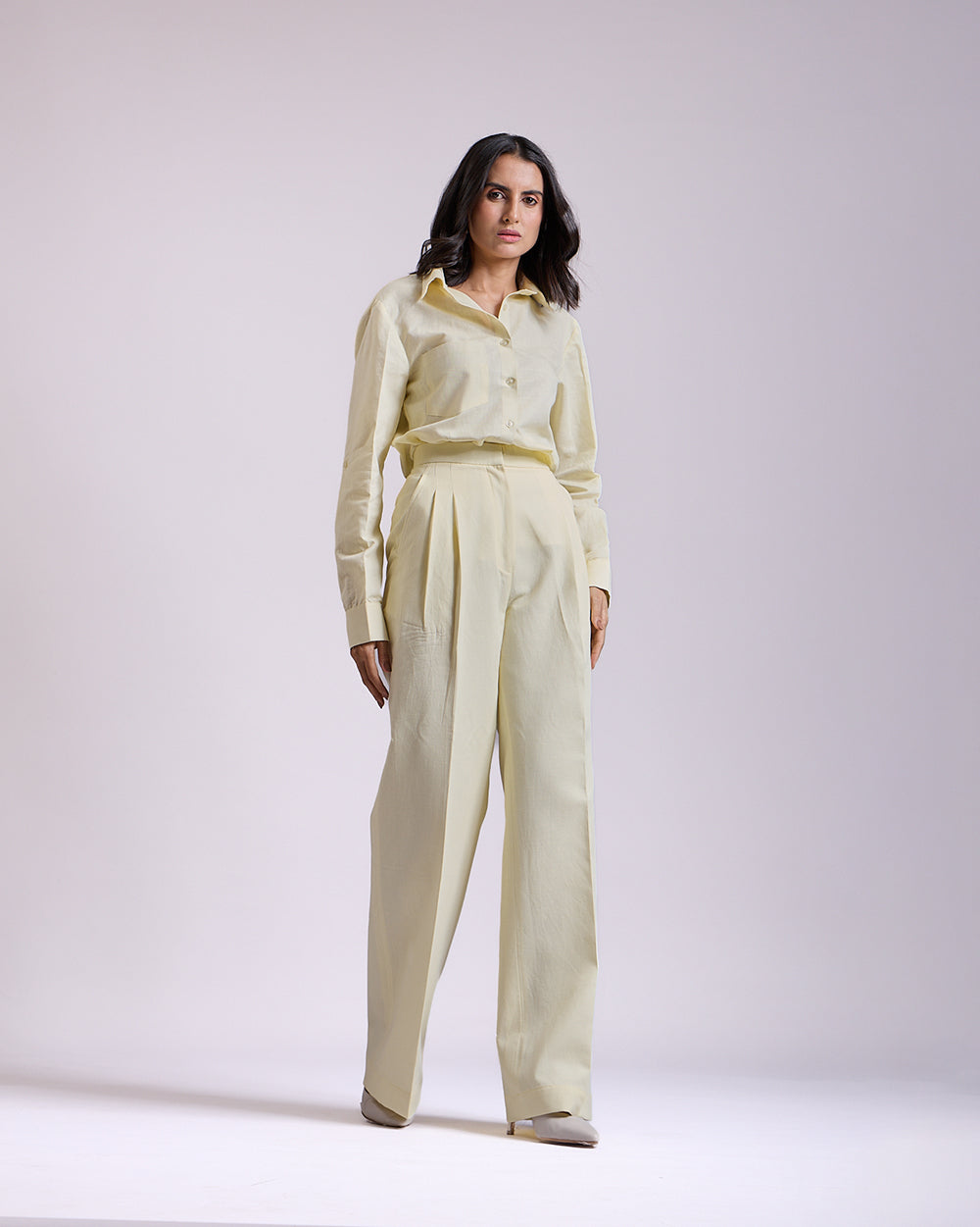 Linen - Yellow Pleated High-waisted Pants