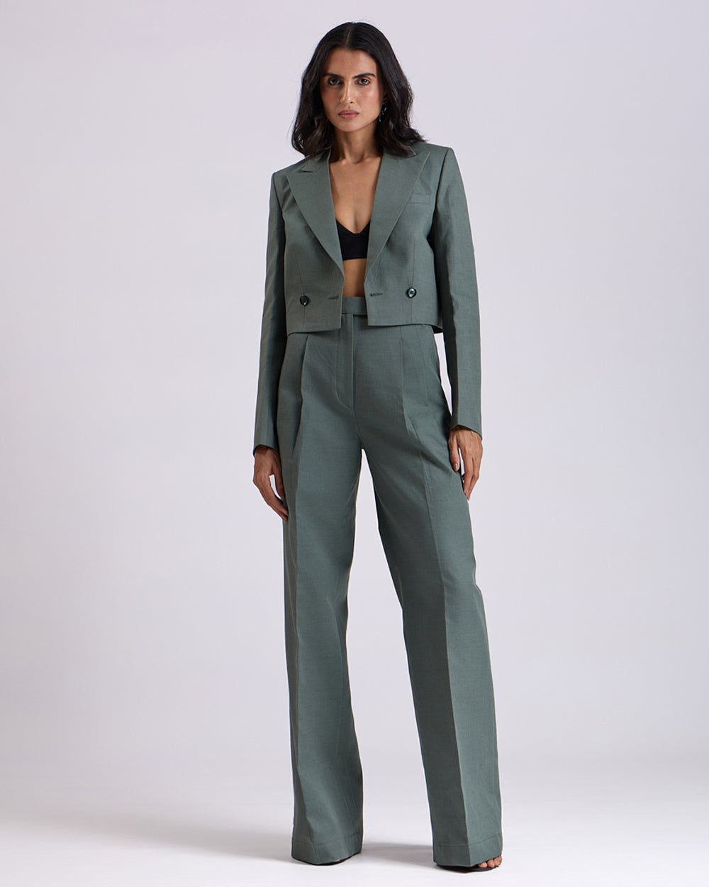Linen - Green Crop Jacket Suit 2 Piece