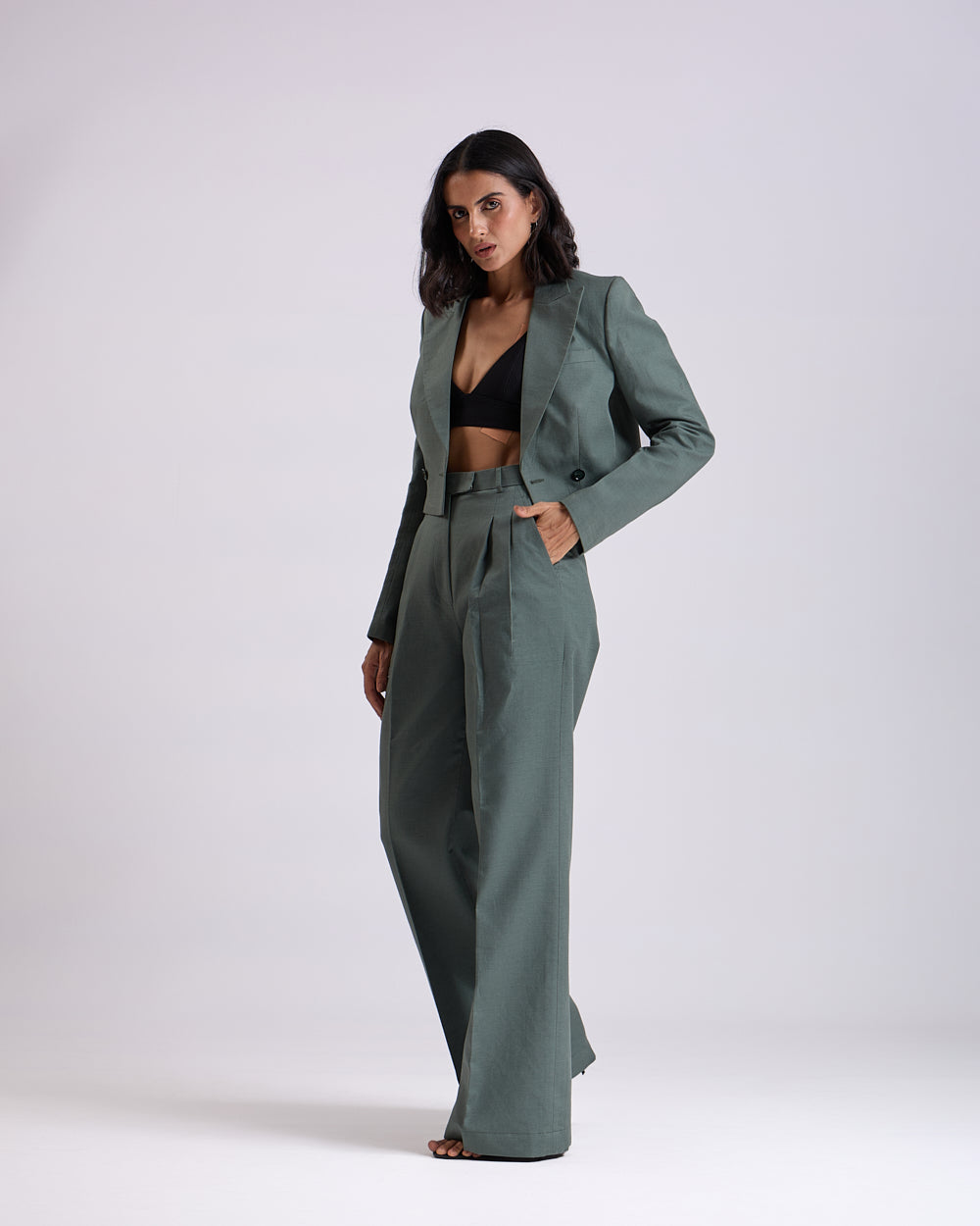 Linen - Green Pleated High waist pants