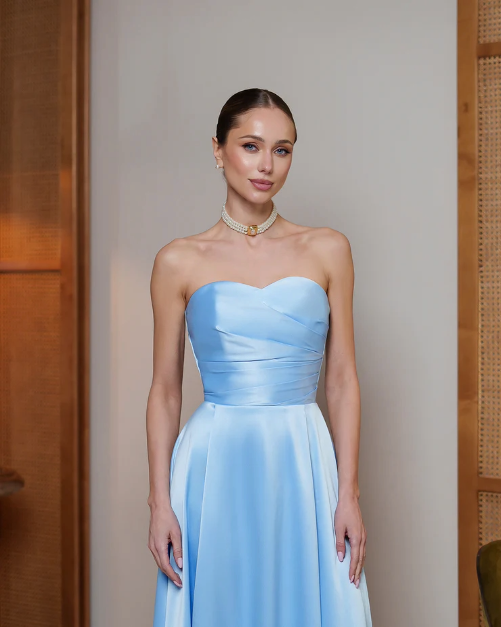 Jessica Sky Blue Satin Strapless Sweetheart Midi Dress
