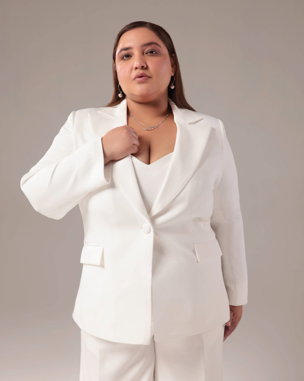 Plus Size White Regular Fit 2-piece Suit