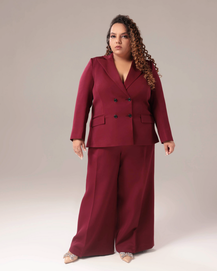 Plus Size Wine Double Breasted Blazer Suit