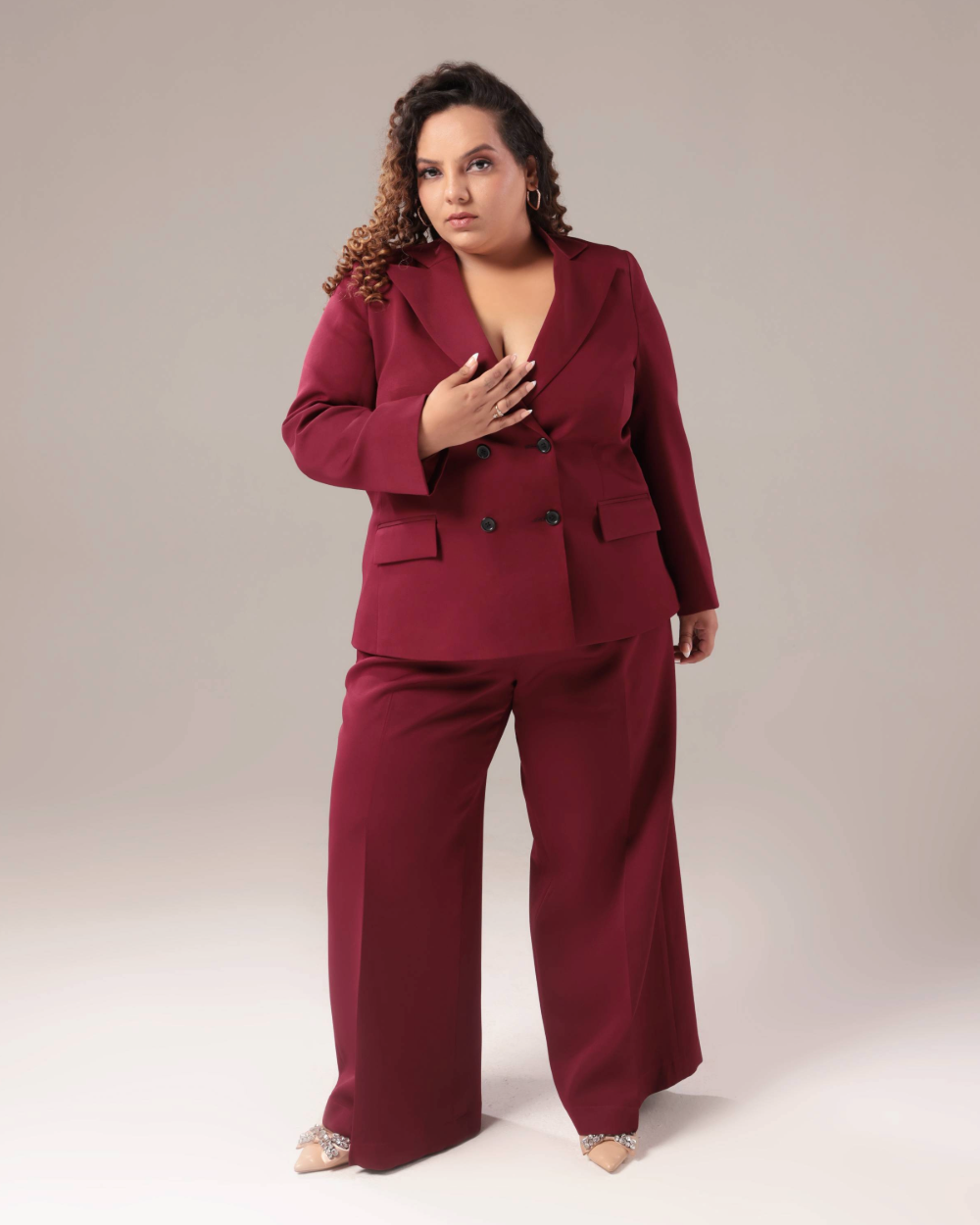 Plus Size Wine Double Breasted Blazer Suit