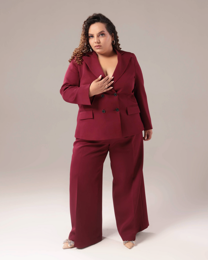 Plus Size Wine Double Breasted Blazer Suit