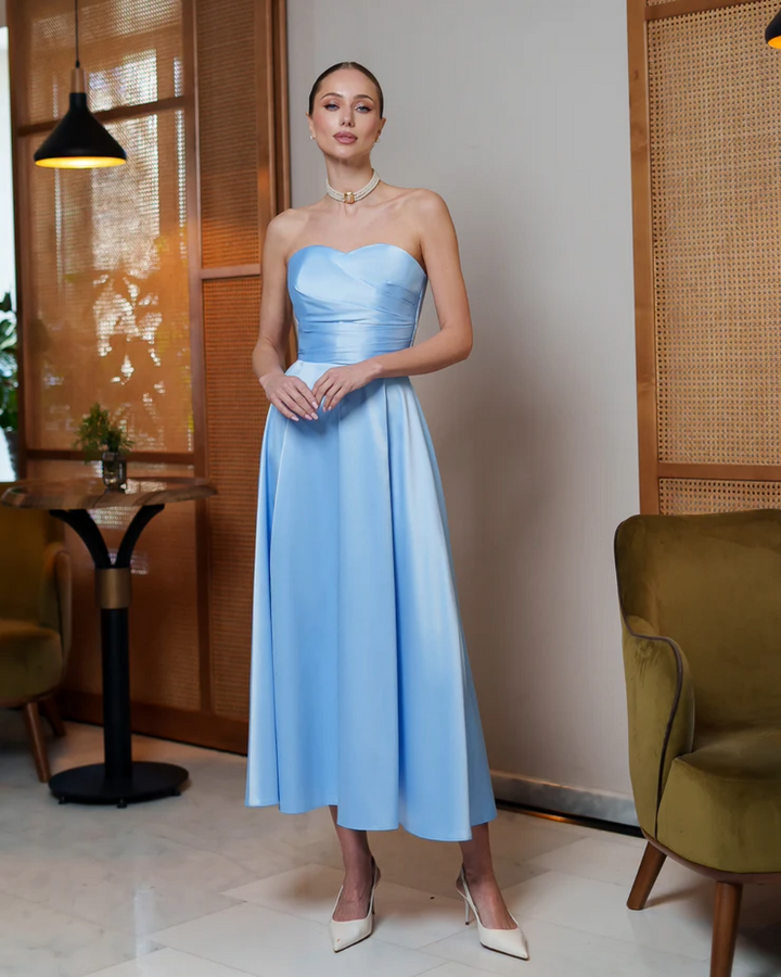Jessica Sky Blue Satin Strapless Sweetheart Midi Dress