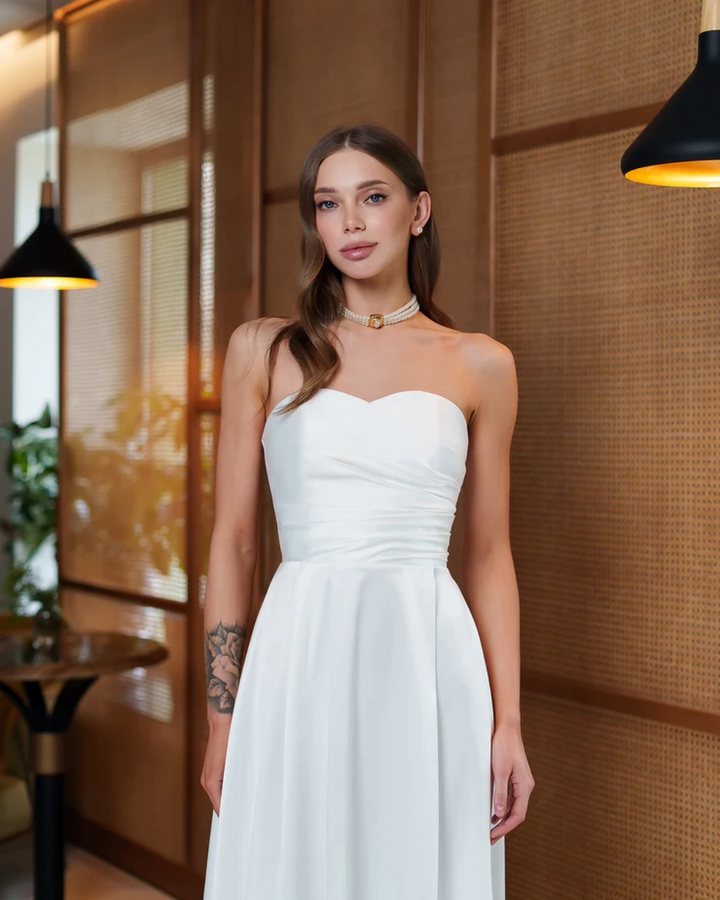 Jessica White Satin Strapless Sweetheart Midi Dress