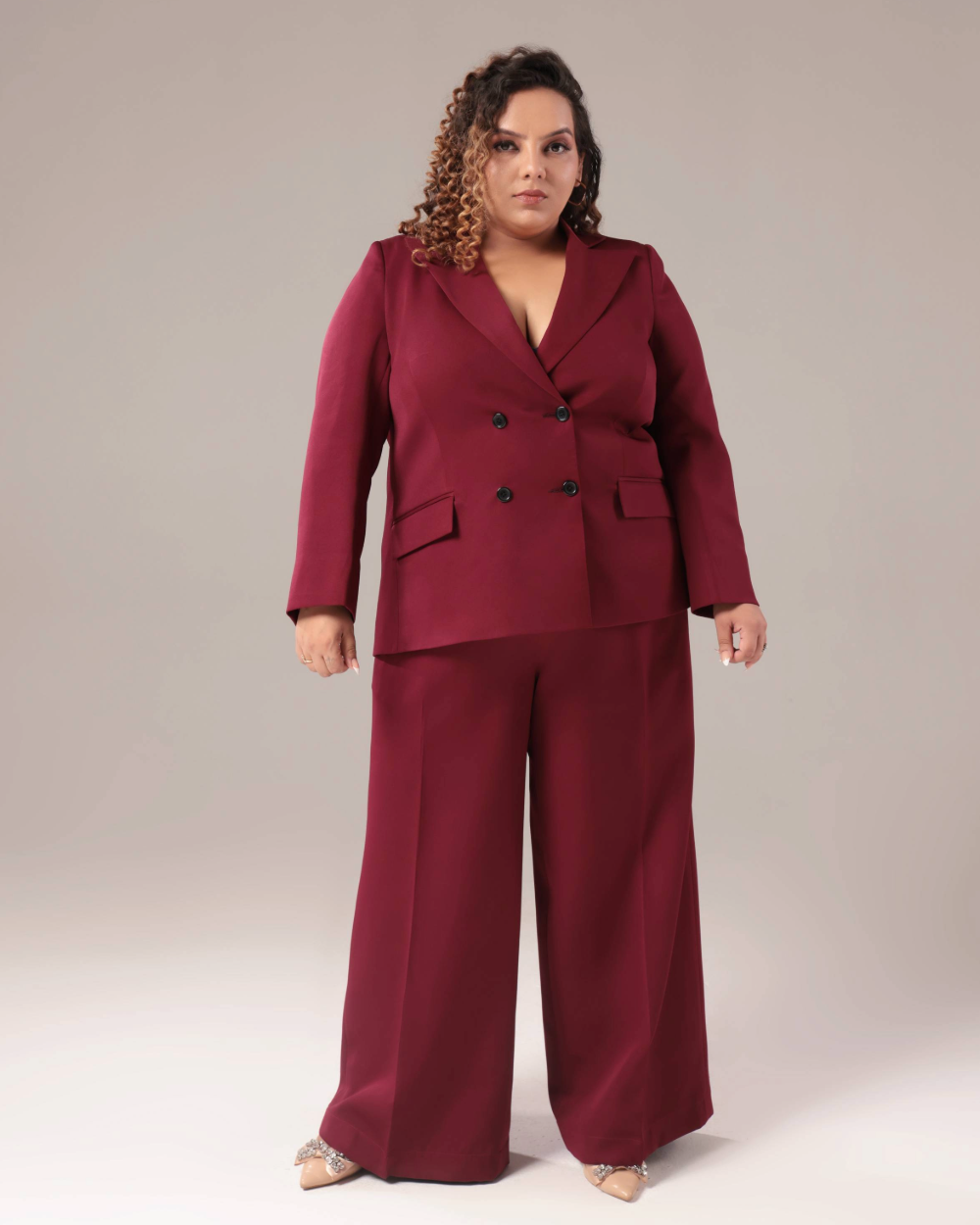 Plus Size Wine Double Breasted Blazer Suit