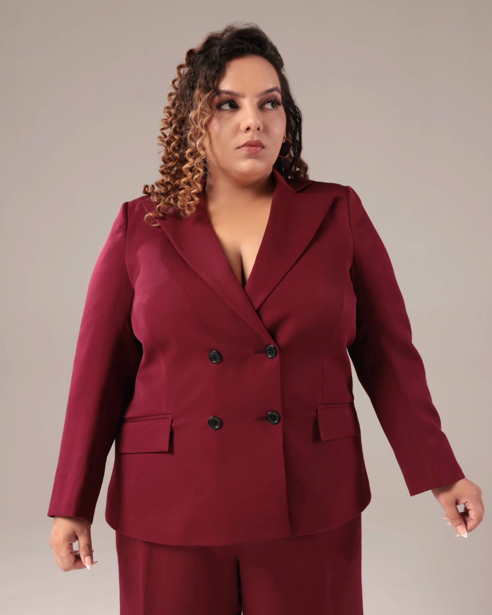 Plus Size Wine Double Breasted Blazer Suit