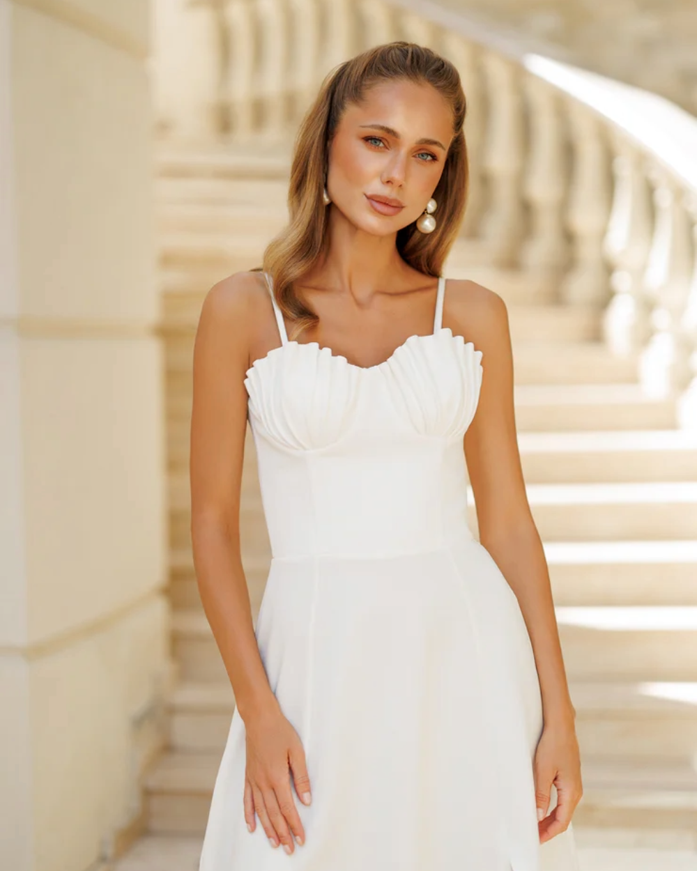 Sandra White Shell-Pleated Bustier Midi Dress