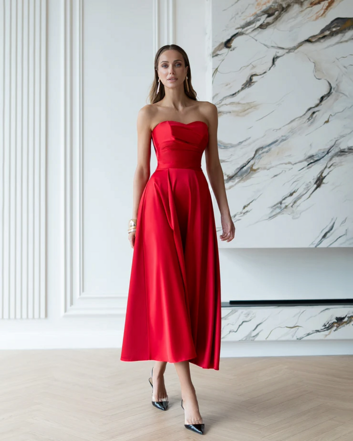 Jessica Red Satin Strapless Sweetheart Midi Dress