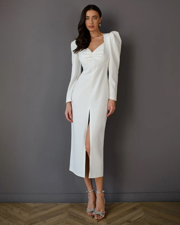 White Puff Sleeve Midi Dress