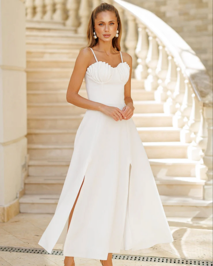 Sandra White Shell-Pleated Bustier Midi Dress