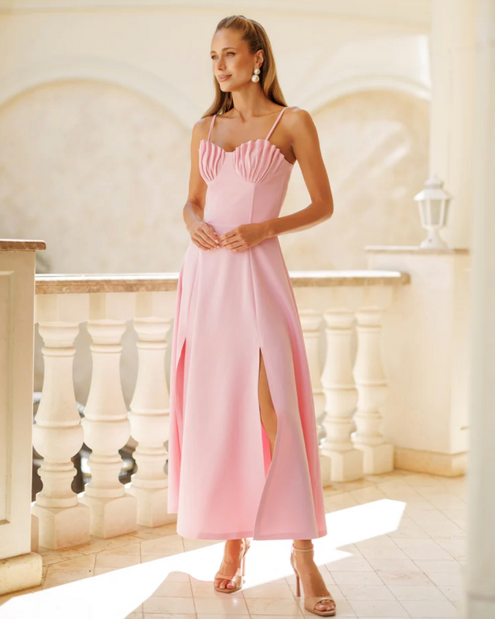Sandra Pink Shell-Pleated Bustier Midi Dress