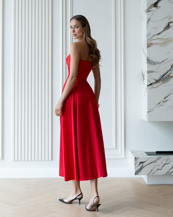 Jessica Red Satin Strapless Sweetheart Midi Dress