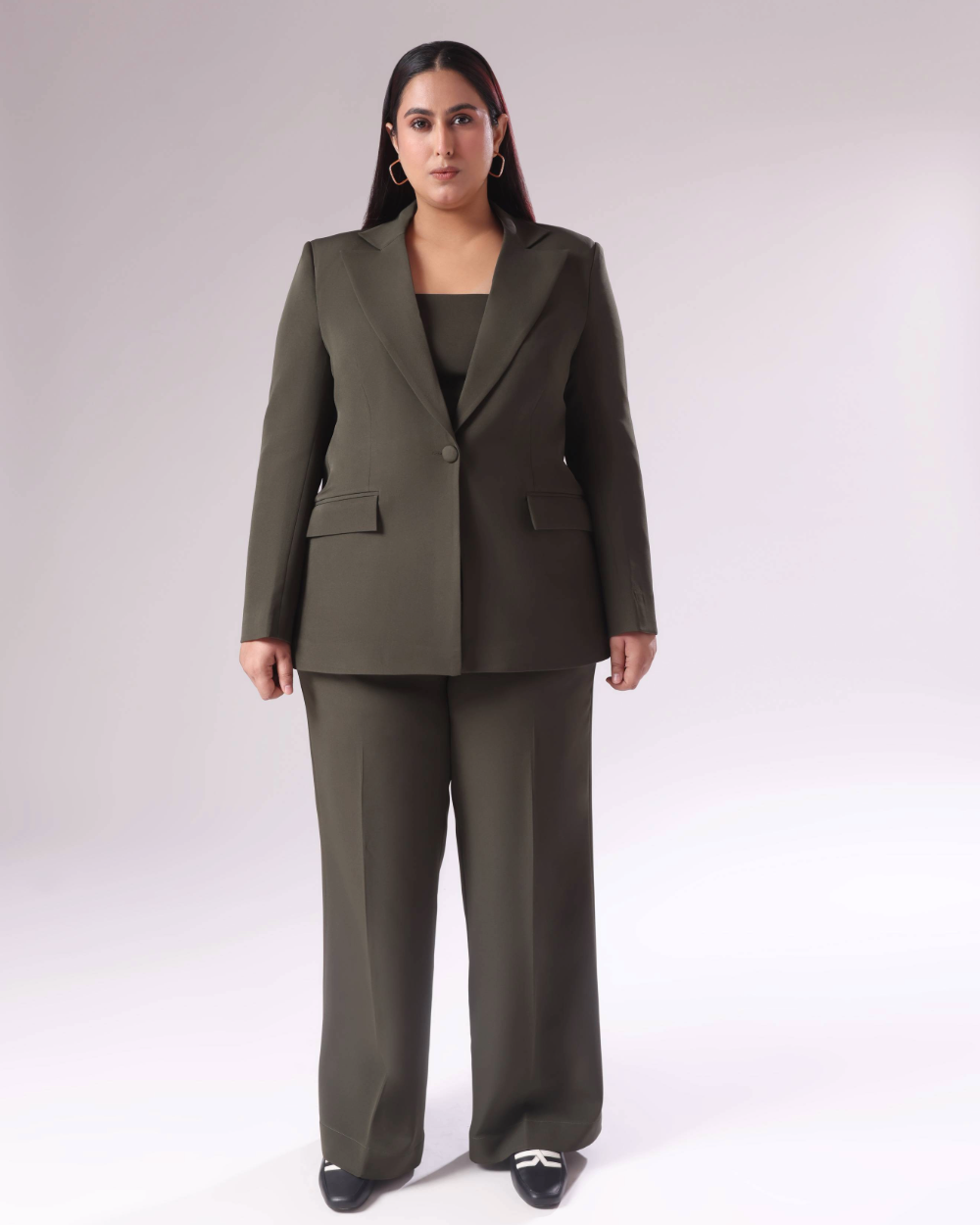 Plus Size Moss Green Single Breasted Blazer Set