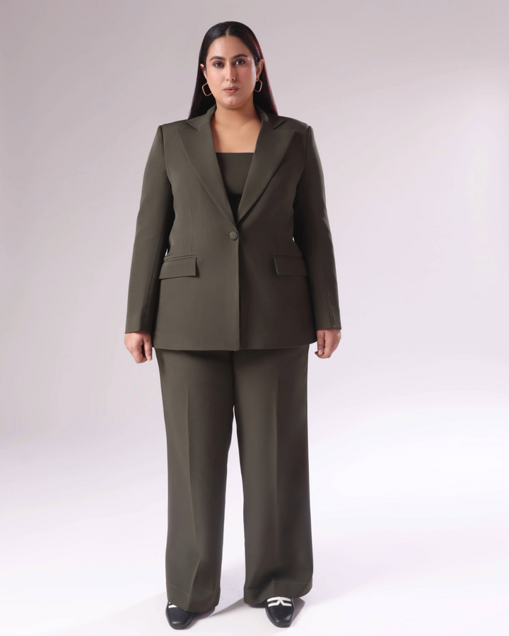 Plus Size Moss Green Single Breasted Blazer Set