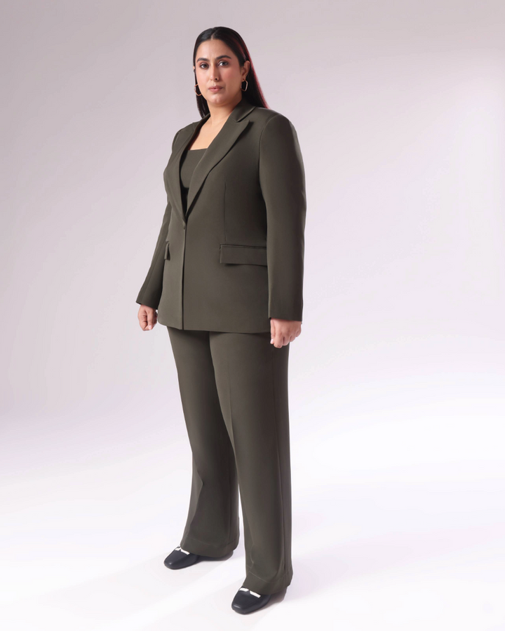 Plus Size Moss Green Single Breasted Blazer Set